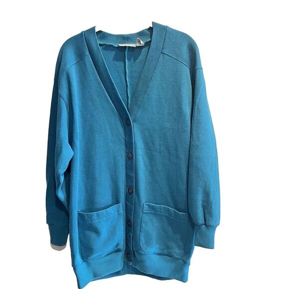 Vintage 80s/90s Boyfriend Cardigan Teal Womens Large Longline Retro Colorful - Picture 1 of 11